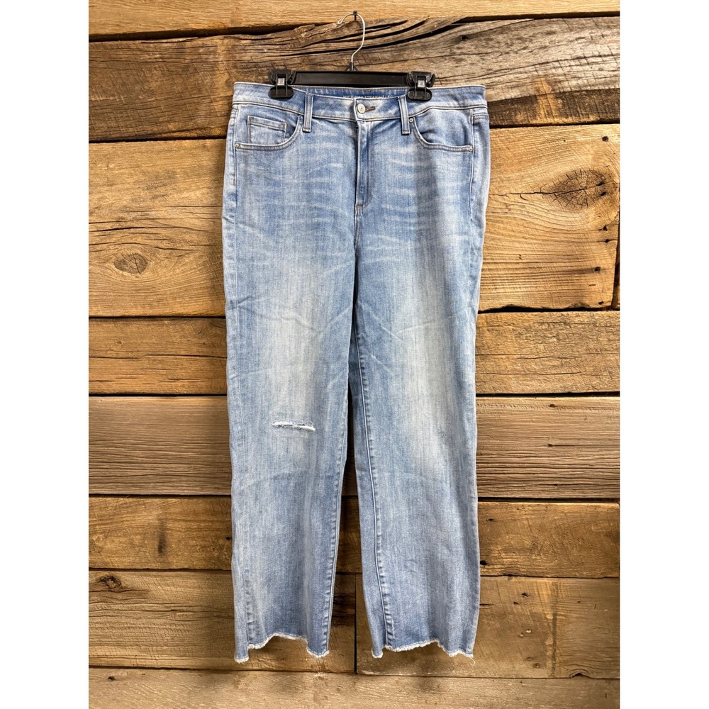 Chicos High Rise Straight Leg Jeans Light Wash Raw Hem Distressed Size 14R 2.5R